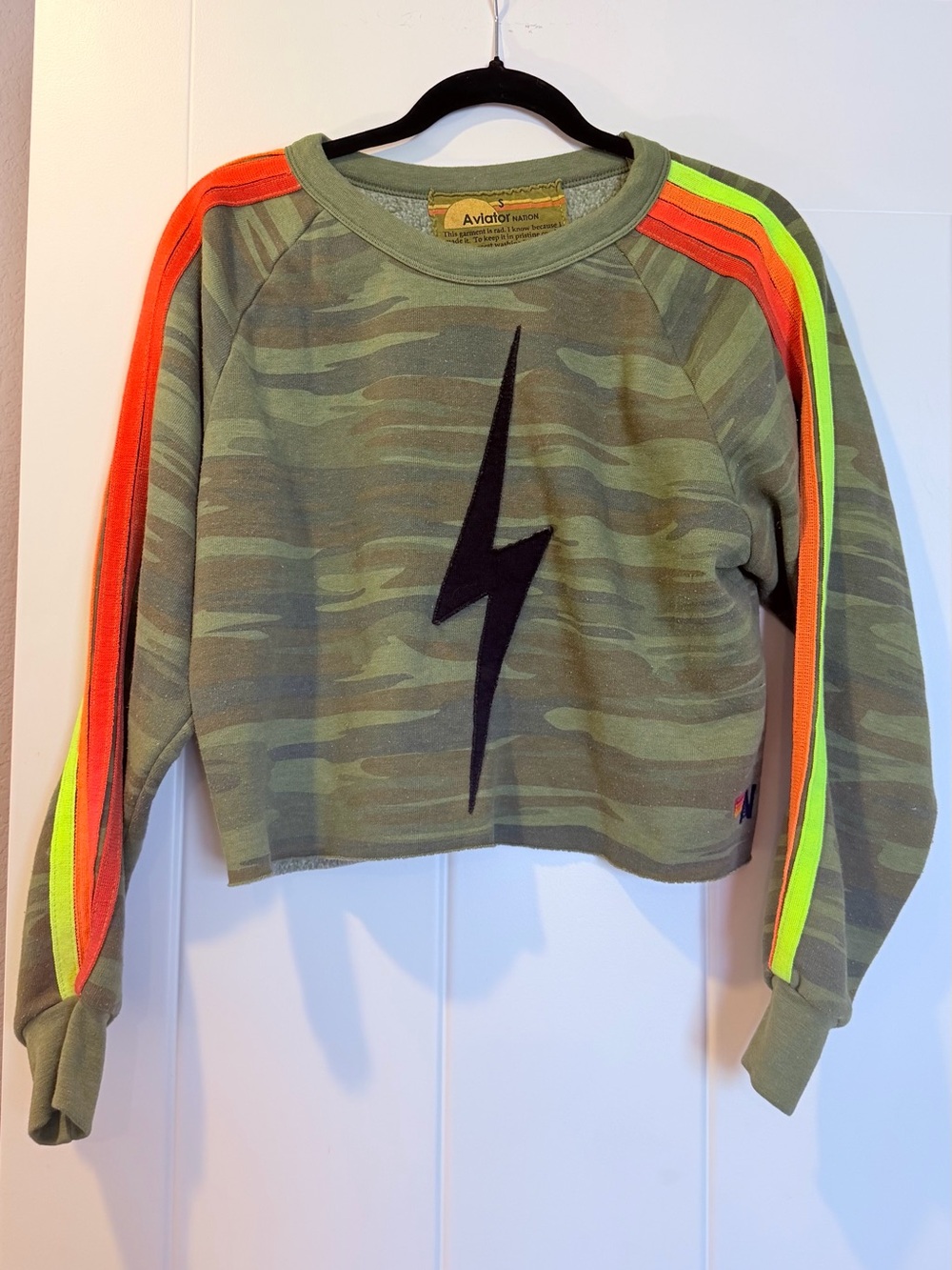 Aviator Nation Cropped Camo crewneck with Neon Orange & Neon Yellow Stripes